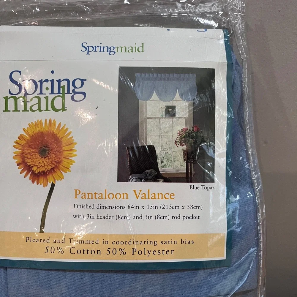 Vtg Springmaid Blue Topaz Pantaloon Valance Pleated Satin Trim 84x15 Cottagecore